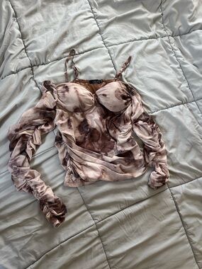 Ruched Off-Shoulder Tie-Dye Bustier Top - Brown/Pink